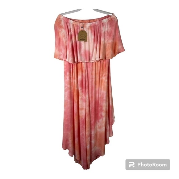 Kori Tie Dye Woven Tube Top Ruffle Jumpsuit  Pink & Peach NWT - Sz M - Picture 2 of 7